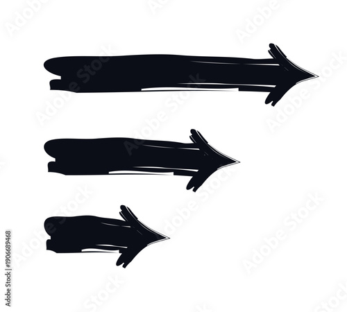 Straight arrows pointing right bold thick stroke graphic element set. Visual cue. Navigation rightward. Expressive grunge marker highlight pointers. Ink rough direction. Vector illustration