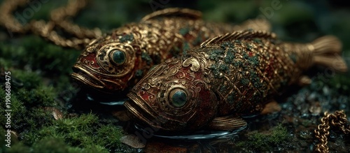 Wallpaper Mural Ornate, golden fish pendants rest on mossy surface with chain details Torontodigital.ca