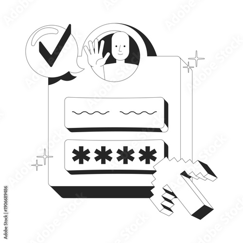 Log in clean onboarding illustration. Login form interface. Register username password. Access granted. User credentials. UX design. Mobile UI app introduction. Black and white line vector concept