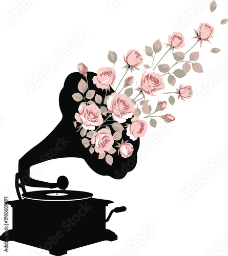 Vintage gramophone silhouette with pink roses and floral blooms