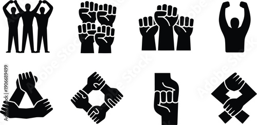 Collection of diverse hand gestures and fists in black silhouette