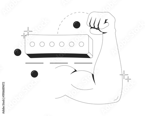 Strong password strength meter clean onboarding illustration. Arm flexing. Safety security level. Account protect indicator. UX design. Mobile UI app introduction. Black and white line vector concept