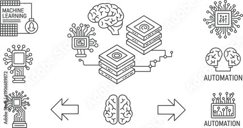 Machine Learning and AI Icons: Brain, CPU, and Data Networks