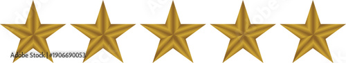 Classic gold five-star rating icon isolated on transparent background for reviews and quality rating