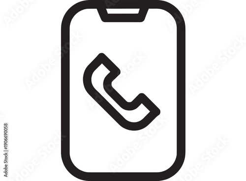 Smartphone call icon with handset symbol on screen, bold black outline pictogram isolated on white background for contact, telephony, support and communication apps
