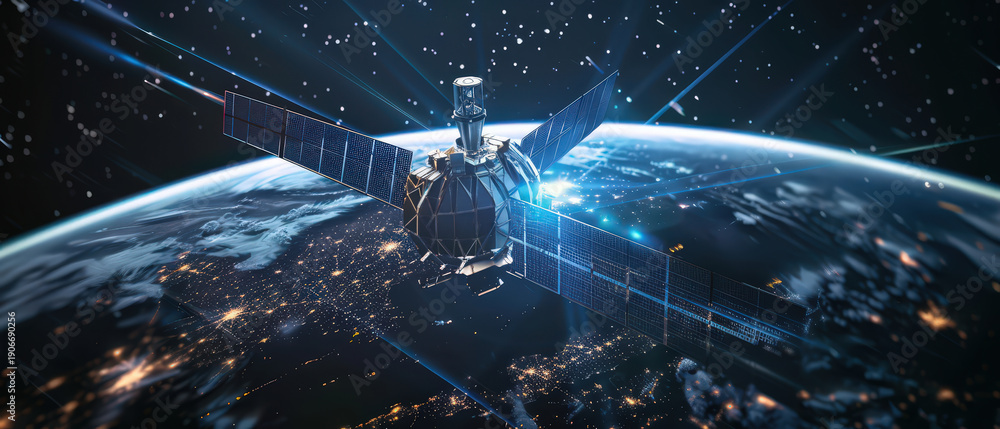 Fototapeta premium High-tech satellite orbiting Earth with illuminated solar panels and cosmic background, showing advanced space communication, global connection, and futuristic orbital technology.
