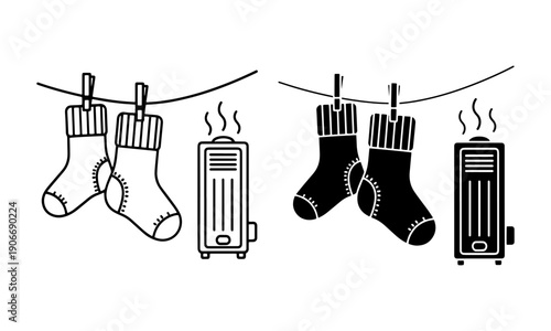 Wool Socks Beside Heater Icon in Outline and filled Vector