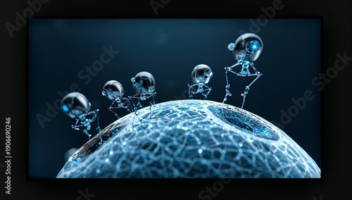 Exploring five round robots crawling across crystal dome on framed display, showing cavity