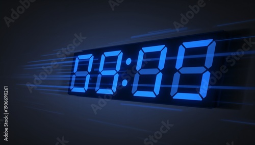 Glowing blue 7-segment display showing 88:88 and casting motion blur in dark studio, with bezel
