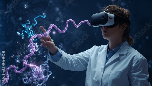 Reaching researcher in lab coat with VR headset manipulating DNA model in dark lab, copy space