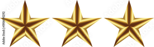 Three metallic gold star rating icon isolated on transparent background for awards and quality levels