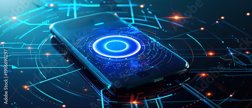 Futuristic smartphone on a glowing cyber network surface, surrounded by digital circuits, neon highlights and holographic data elements, symbolizing high-tech innovation, connectivity and technology.