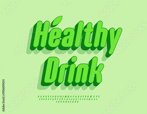 Vector Wellness logo Healthy Drink. Italic Green Font. Fashion 3D Alphabet Letters and Numbers