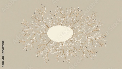 Framing wreath fanning brown offwhite lines around blank oval on speckled beige, buds, gray dots