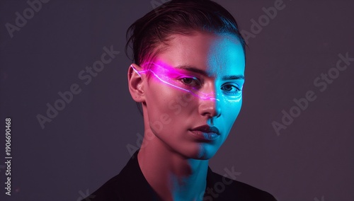 Gazing female-presenting model holding pose at studio, wearing dark blazer with neon light streak