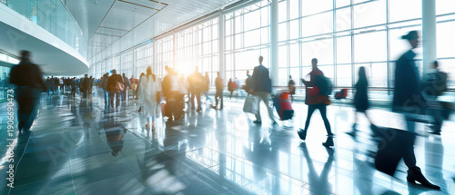 Wide angle shot of passengers walking through a modern airport terminal, showing travel flow, movement, transit activity and contemporary transportation environment.