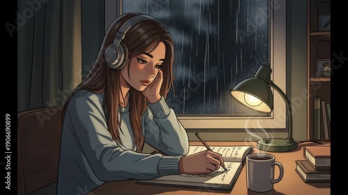 Young woman studying and taking notes by the window on a rainy night  