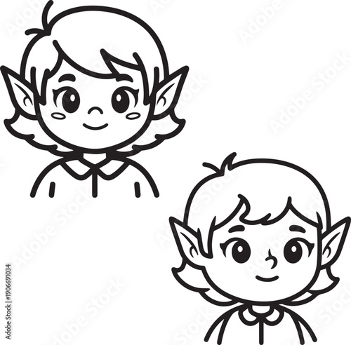 Cute elf faces outline – Adorable fantasy elf cartoon line art vector illustration