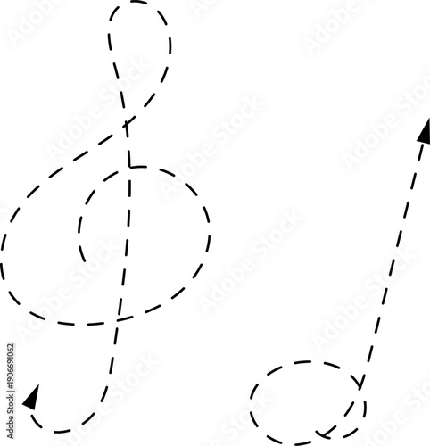 Vector hand drawn dashed arrow. Curved dotted arrow. Zigzag arrow stripes. Doodle, sketch style. 