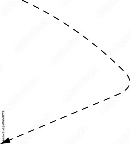 Vector hand drawn dashed arrow. Curved dotted arrow. Zigzag arrow stripes. Doodle, sketch style. 