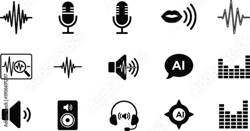 Audio and Voice Technology Icons: AI, Mic, Sound