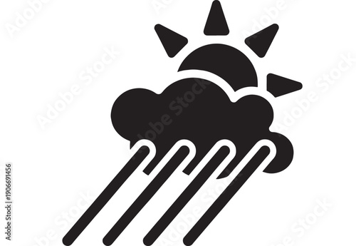 Weather icon with rainy cloud, sun rays and falling rain lines, minimal black silhouette pictogram for forecast apps, UI buttons, web design, and meteorology symbols