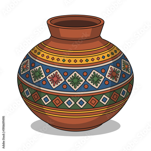 Vibrant clay pot with intricate floral patterns and geometric designs