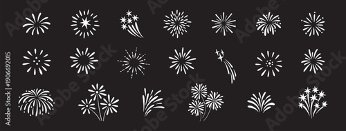 Firework doodle and festive handdrawn firecracker, big set. Celebration sketch icons with confetti, sparkles, magical explosive bursts. For party, holiday design. Vector illustration on black bg
