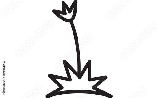 Flower doodle icon with simple black outline stem and tulip bud growing from ground, minimal hand drawn line art symbol for spring nature logo and sticker design