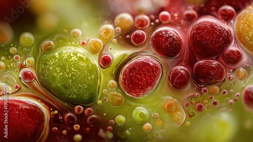 Colorful bubbles floating in a liquid environment with different sizes and shapes observed in close view during bright light conditions