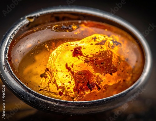 Macro view of a natural rough amber stone encased in a silver bezel setting showing intricate inclusions and warm glowing light against a dark textured background