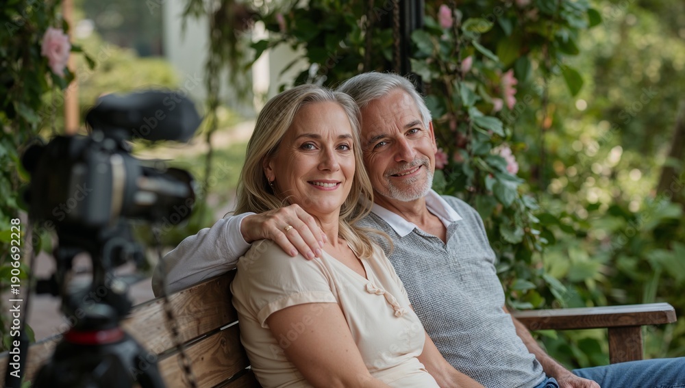 Naklejka premium Smiling senior couple sitting on wood swing under rose trellis, in blouse and polo with camcorder
