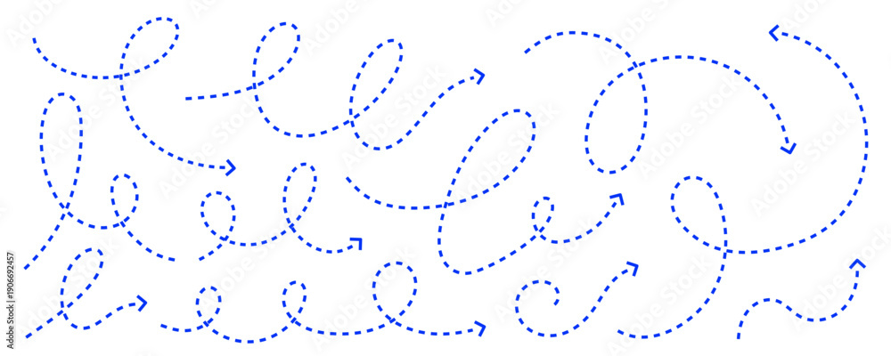 Fototapeta premium Squiggle blue cable dashed curved arrows forming playful looping wiggly paths on white background.