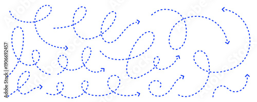 Squiggle blue cable dashed curved arrows forming playful looping wiggly paths on white background.