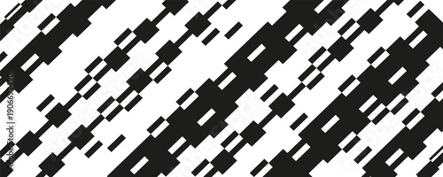 Abstract black geometric diagonal pattern with pixelated rectangular blocks on white background. High contrast rhythm modern digital structure.