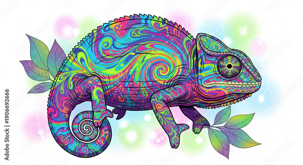 Fototapeta premium psychedelic chameleon illustration with vibrant swirl patterns and leaves on a white background