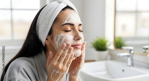 young woman wash the Face in bathroom 