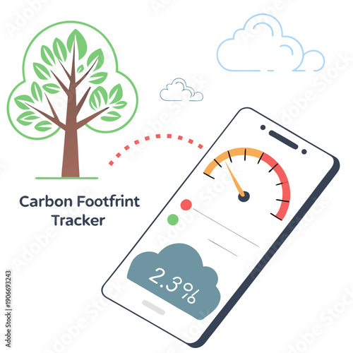 Carbon footprint tracker vector interface with tree barometer and cloud icons