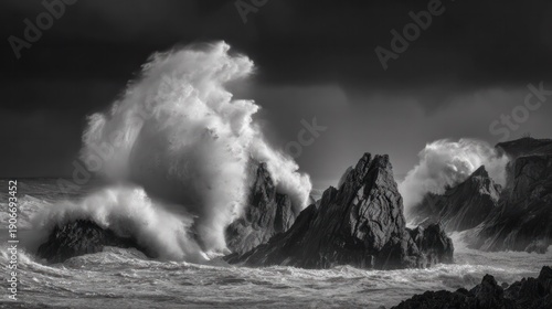 A towering storm wave crashing against dark, jagged sea cliffs. travel magazines, destination branding, designed for travel destination branding and outdoor magazines and nature guides.