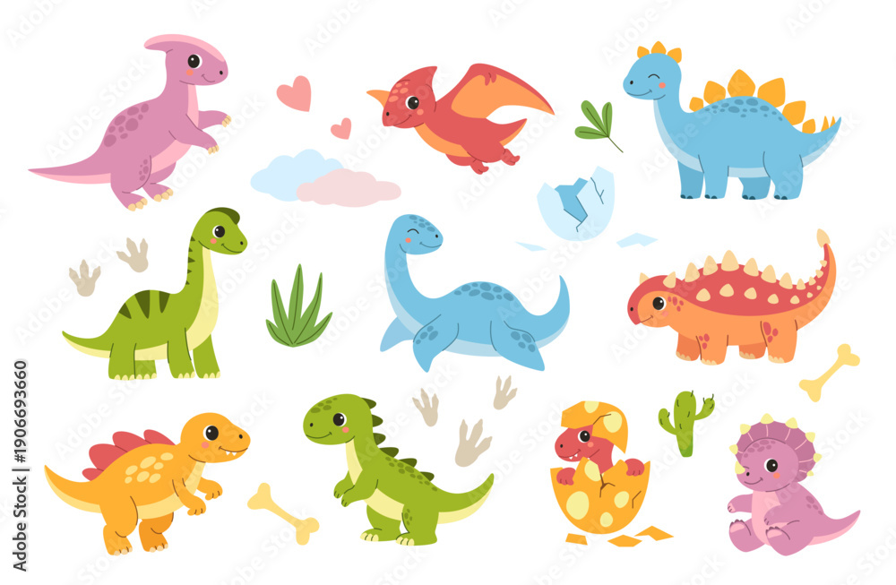 Fototapeta premium Cute baby dinosaur. Cartoon dino characters, prehistoric animals. Happy fantasy dragons, kids funny triceratops, comic stegosaurus. Fossil creatures, little brachiosaurus mascot vector isolated set