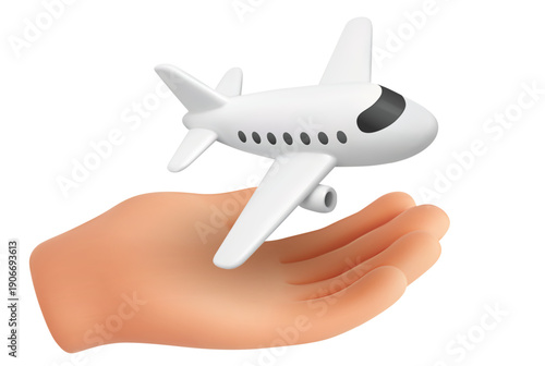 Hand holding airplane. 3D toy plane flying, taking off from huge hand. Global travel, logistics and safe flight journey, online airline ticket booking. Soft render vector isolated aviation concept.
