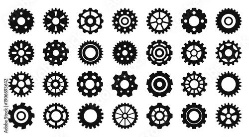 Gear cogwheel icons. Gearwheel setting symbols, mechanism and engineering, industry and machinery sign. Teamwork, connection and repair service workshop logo. Silhouette sprockets vector isolated set.