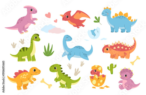 Cute baby dinosaur. Cartoon dino characters, prehistoric animals. Happy fantasy dragons, kids funny triceratops, comic stegosaurus. Fossil creatures, little brachiosaurus mascot vector isolated set