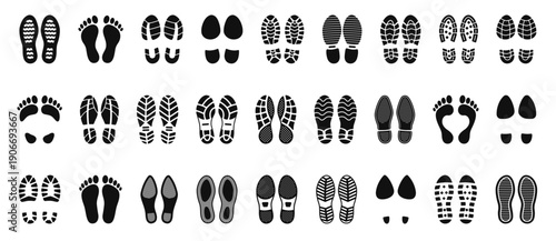 Shoe footprint. Human barefoot beach track, female and baby feet footmark. Footwear and sneakers footsteps, lady foot outline imprint. Vector isolated set. Black sole silhouette trail walking steps.