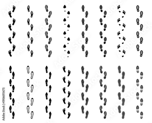 Human footprint tracks. Foot imprint, boot and sneaker footsteps. Shoe footprint black silhouettes. Man and woman high heel, barefoot prints. Sole trail walking steps. Direction pathway vector set.
