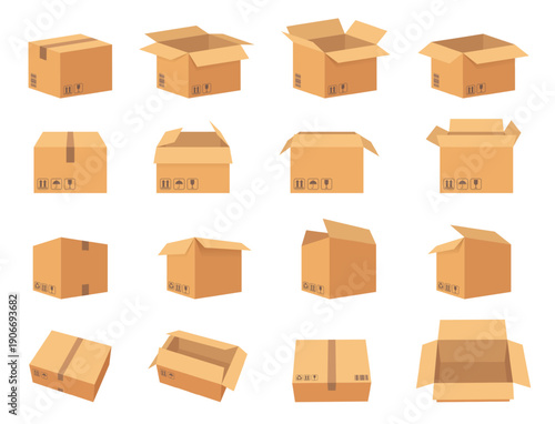Cardboard boxes. Delivery paper packaging. Empty, open and closed carton box, unpacked container and postal parcel side, top and front view. Supply chain, shipping and cargo vector isolated mockups.