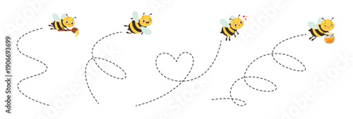 Cute cartoon flying bees tracing dotted paths. Funny honeybee with spiral, heart shaped trace. Happy smiling bumblebee insect characters, bumble vector isolated mascots. Children