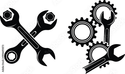 Mechanical repair service icons with crossed spanner wrenches and nuts beside industrial cogwheel gears for engineering workshop maintenance and technical