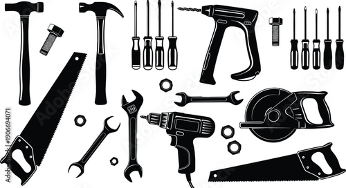 Comprehensive construction hand tools and power equipment set featuring saws, drills, screwdrivers, hammers, and wrenches for professional carpentry, home renovation, and