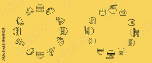 Fast food delivery circular wreaths for cafe menus and takeaway flyers